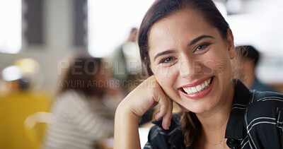 Buy stock photo Portrait, relax and smile with woman in coffee shop for break, hospitality or service as customer. Morning, satisfied and weekend with happy person in restaurant or small business cafe for wellness