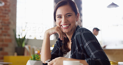 Buy stock photo Portrait, smile and woman in coffee shop for relax, peace and calm on weekend break with phone. Face, cafeteria and confident customer in restaurant for service, hospitality and travel on holiday