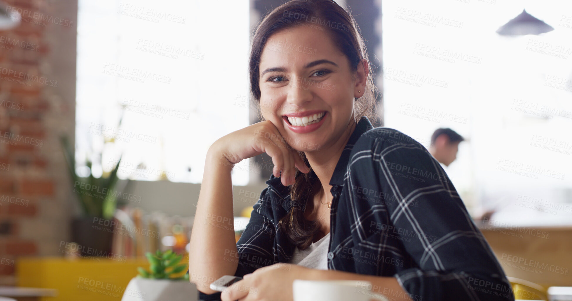 Buy stock photo Portrait, smile and woman in coffee shop for relax, peace and calm on weekend break with phone. Face, cafeteria and confident customer in restaurant for service, hospitality and travel on holiday