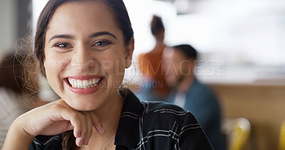 Buy stock photo Portrait, relax and smile with woman in cafe for break, hospitality or service as customer. Morning, satisfied and weekend with happy consumer in cafeteria, restaurant or coffee shop for time off