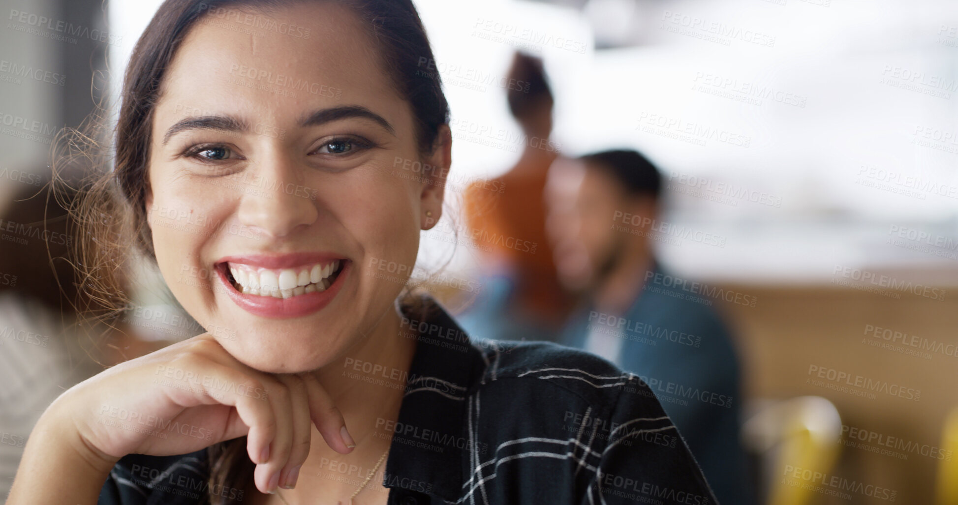 Buy stock photo Portrait, relax and smile with woman in cafe for break, hospitality or service as customer. Morning, satisfied and weekend with happy consumer in cafeteria, restaurant or coffee shop for time off