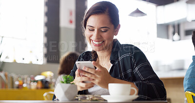 Buy stock photo Smile, internet and woman in cafe, cellphone and typing with social media, funny meme and connection. Happy person, mobile user and girl in restaurant, coffee or smartphone with digital app and email