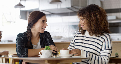 Buy stock photo Cafe, friends and women with coffee, gossip and happy for conversation in morning, hangout and relax. Bonding, smile and listening to rumour in restaurant, weekend and break for people with tea