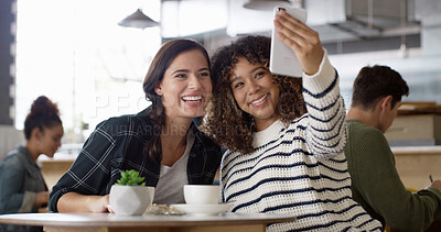 Buy stock photo Cafe, friends and women with coffee, selfie and happy for bonding in morning, hangout and photography. Profile picture, laughing and smile for social media in restaurant, break and people with tea