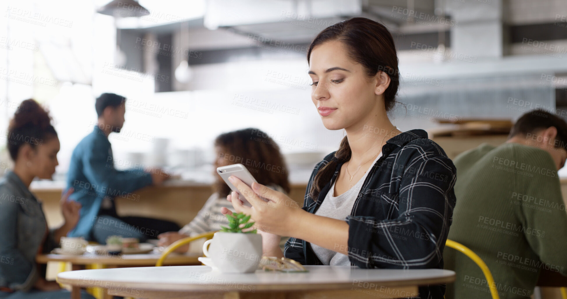 Buy stock photo Relax, internet and woman in coffee shop, smartphone and typing with social media, connection and app. Person, mobile user or girl in restaurant, herbal tea or cellphone with communication or network