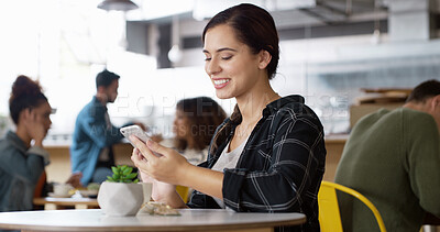 Buy stock photo Smile, relax and woman in cafe, smartphone and typing with social media, funny meme and texting. Person, mobile user or girl in restaurant, coffee or cellphone with digital app and message to contact