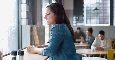 Buy stock photo Smile, idea and woman in cafe for relax, peace and mindset with reflection by window view. Drink, thinking and customer in coffee shop with beverage, planning and morning inspiration with vision