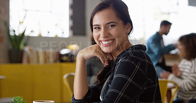 Buy stock photo Portrait, relax and smile with woman in coffee shop for break, hospitality or service as customer. Morning, satisfied and weekend with happy person in bistro, cafe or restaurant for time off