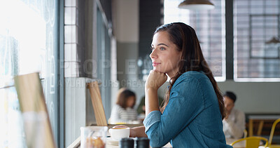 Buy stock photo Coffee, idea and woman in cafe for relax, peace and mindset with reflection by window view. Drink, thinking and happy customer in shop with beverage, planning and morning inspiration with vision