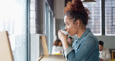 Buy stock photo Drink, thinking and woman in coffee shop for relax, peace and calm with reflection by window view. Cup, planning and customer in cafe with morning beverage, espresso and enjoy cappuccino with vision