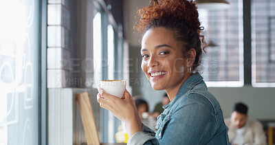 Buy stock photo Portrait, smile and woman in cafe with coffee for relax, peace or calm on weekend break. Face, shop or confident customer with beverage, latte cup or espresso in restaurant for leisure or hospitality