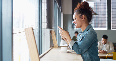 Buy stock photo Woman, cafe and phone for communication with smile, tech to check social media post or update profile. Contact, chat and mobile app for connection, network and happy female person in coffee shop