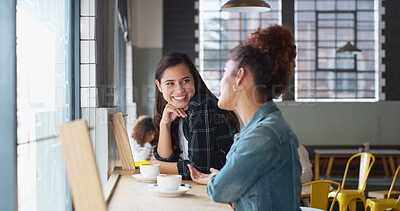 Buy stock photo Cafe, relax and bonding with coffee, women and happy for conversation in morning, hangout and friends. Restaurant, smile and listening to gossip for reunion, weekend and break for people with tea