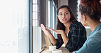 Cafe, friends and conversation with coffee, women and happy for hangout in morning, bonding and relax. Restaurant, smile and listening to gossip for reunion, weekend and break for people with tea
