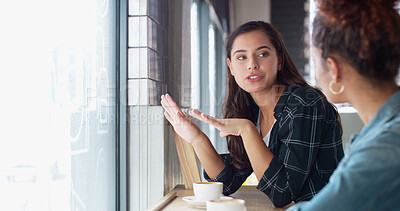 Buy stock photo Cafe, friends and conversation with coffee, women and happy for hangout in morning, bonding and relax. Restaurant, smile and listening to gossip for reunion, weekend and break for people with tea