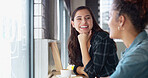 Cafe, friends and women with coffee, laughing and happy for hangout in morning, bonding and conversation. Restaurant, smile and listening to gossip for reunion, weekend and break for people with tea