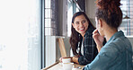 Cafe, friends and bonding with coffee, women and happy for conversation in morning, hangout and space. Restaurant, smile and listening to gossip for reunion, weekend and break for people with tea