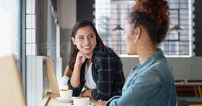 Buy stock photo Cafe, bonding and women with coffee, conversation and happy for hangout in morning, friends and together. Restaurant, smile and listening to gossip for reunion, weekend and break for people with tea
