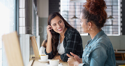 Buy stock photo Bonding, friends and women in coffee shop, smile and happy for hangout in morning, relax and conversation. Restaurant, chat and listening to gossip for reunion, weekend and break for people with tea
