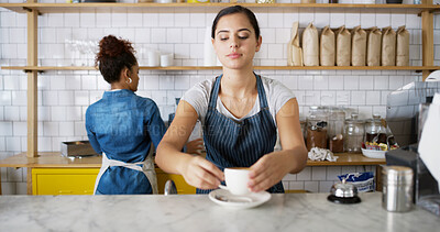 Buy stock photo Woman, waiter and prepare coffee at cafe for customer service, espresso drink and order collection. Barista, counter and beverage purchase for breakfast catering, server help and hospitality industry