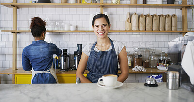 Buy stock photo Coffee shop, barista and portrait of woman by counter with drink, caffeine beverage and cappuccino. Small business, waitress and person with mug in restaurant, cafe and diner for service and offer