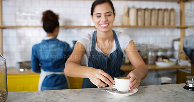 Buy stock photo Smile, woman and serving coffee at cafe of customer service, espresso drink and order collection. Female waiter, client and giving beverage of breakfast catering, server help and hospitality industry