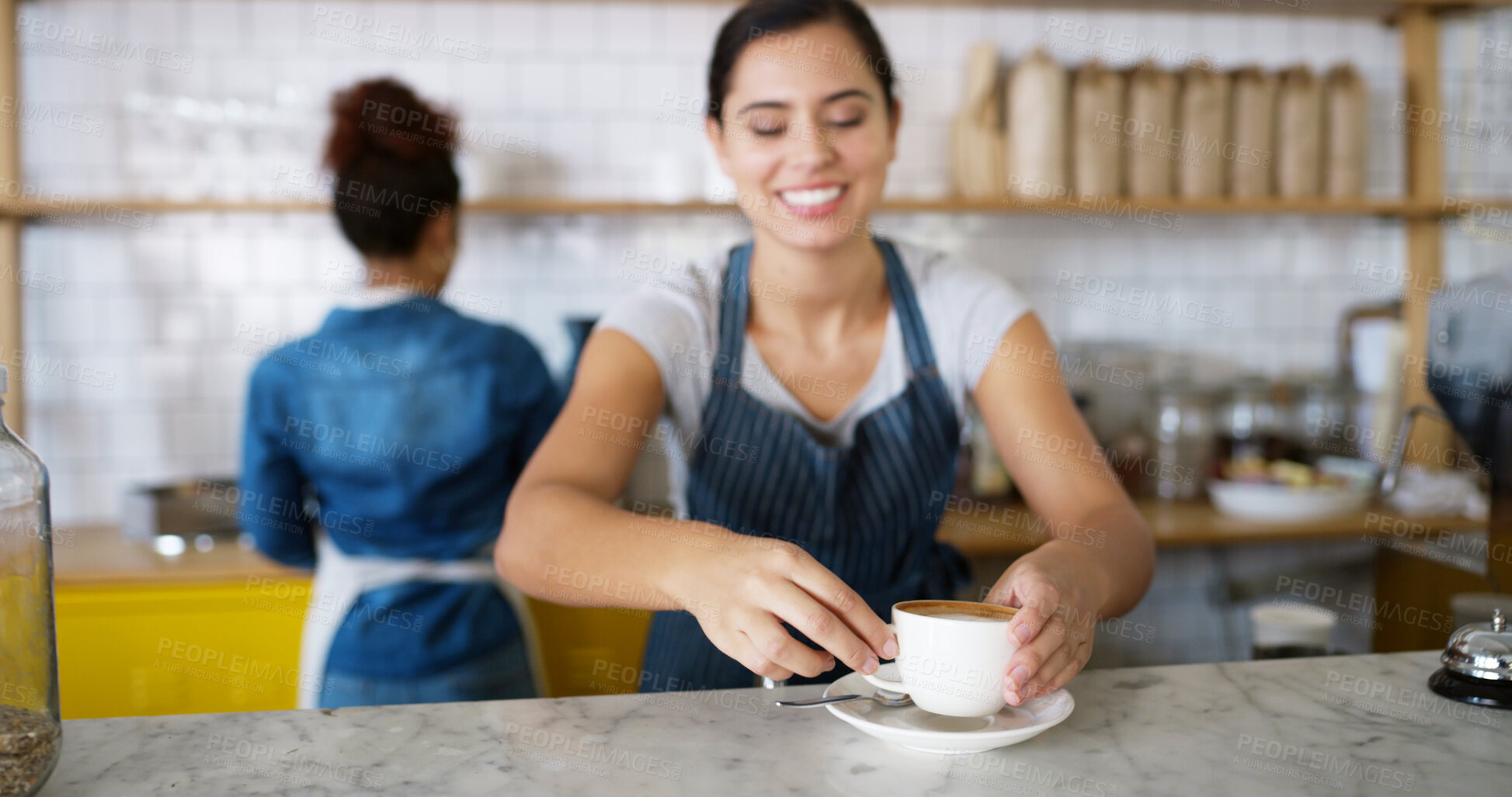 Buy stock photo Smile, woman and serving coffee at cafe of customer service, espresso drink and order collection. Female waiter, client and giving beverage of breakfast catering, server help and hospitality industry