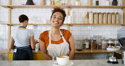 Buy stock photo Coffee shop, happy and portrait of woman by counter with drink, caffeine beverage and cappuccino. Small business, barista and waitress with mug in restaurant, cafe and diner for service and offer