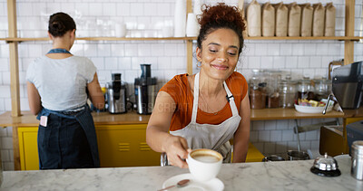 Buy stock photo Happy, woman and serving coffee at cafe of customer service, espresso drink and order collection. Female waiter, client and giving beverage of breakfast catering, server help and hospitality industry