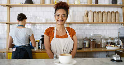 Buy stock photo Coffee shop, counter and portrait of woman with drink, caffeine beverage and cappuccino. Waitress, barista and happy person with mug in restaurant, cafe and diner for service, hospitality and offer