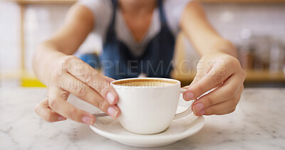 Buy stock photo Hands, person and serving coffee at cafe for customer service, espresso drink and order collection. Waiter, closeup and giving beverage for breakfast catering, server helping and hospitality industry