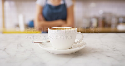 Buy stock photo Waitress, coffee and closeup of cup in cafe for espresso, hospitality and breakfast server. Caffeine beverage, latte and barista with drink and person in bakery for small business and restaurant 