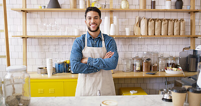 Buy stock photo Man, crossed arms and portrait of barista at coffee shop with confidence for hospitality career. Happy, server and male waiter from Colombia with pride and smile in startup cafe, restaurant or diner.