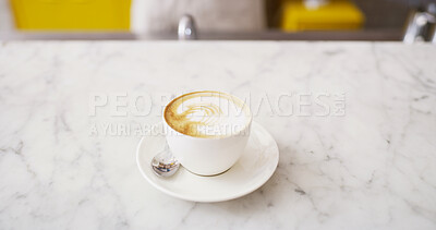 Buy stock photo Art, coffee and counter in cafe for hospitality, service or menu creativity for presentation. Above, saucer or latte in startup with caffeine, warm beverage or drink in small business with cup design