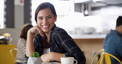 Buy stock photo Portrait, smile and woman in coffee shop for peace, relax and calm on weekend break. Face, cafeteria and confident customer in restaurant for leisure, hospitality and travel with student on holiday