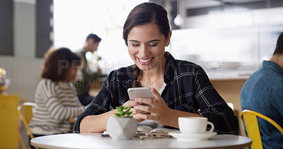 Buy stock photo Happy, internet and woman in cafe, smartphone and typing with social media, humor and relax. Person, mobile user and girl in restaurant, coffee and cellphone with digital app, laughing and funny meme