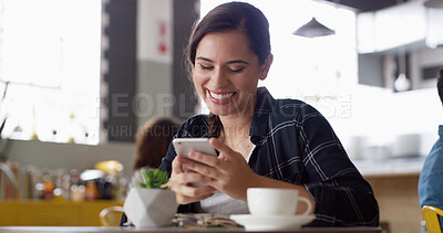 Buy stock photo Smile, internet and woman in cafe, smartphone and typing with social media, funny meme and relax. Person, mobile user and girl in restaurant, coffee and cellphone with digital app and connection
