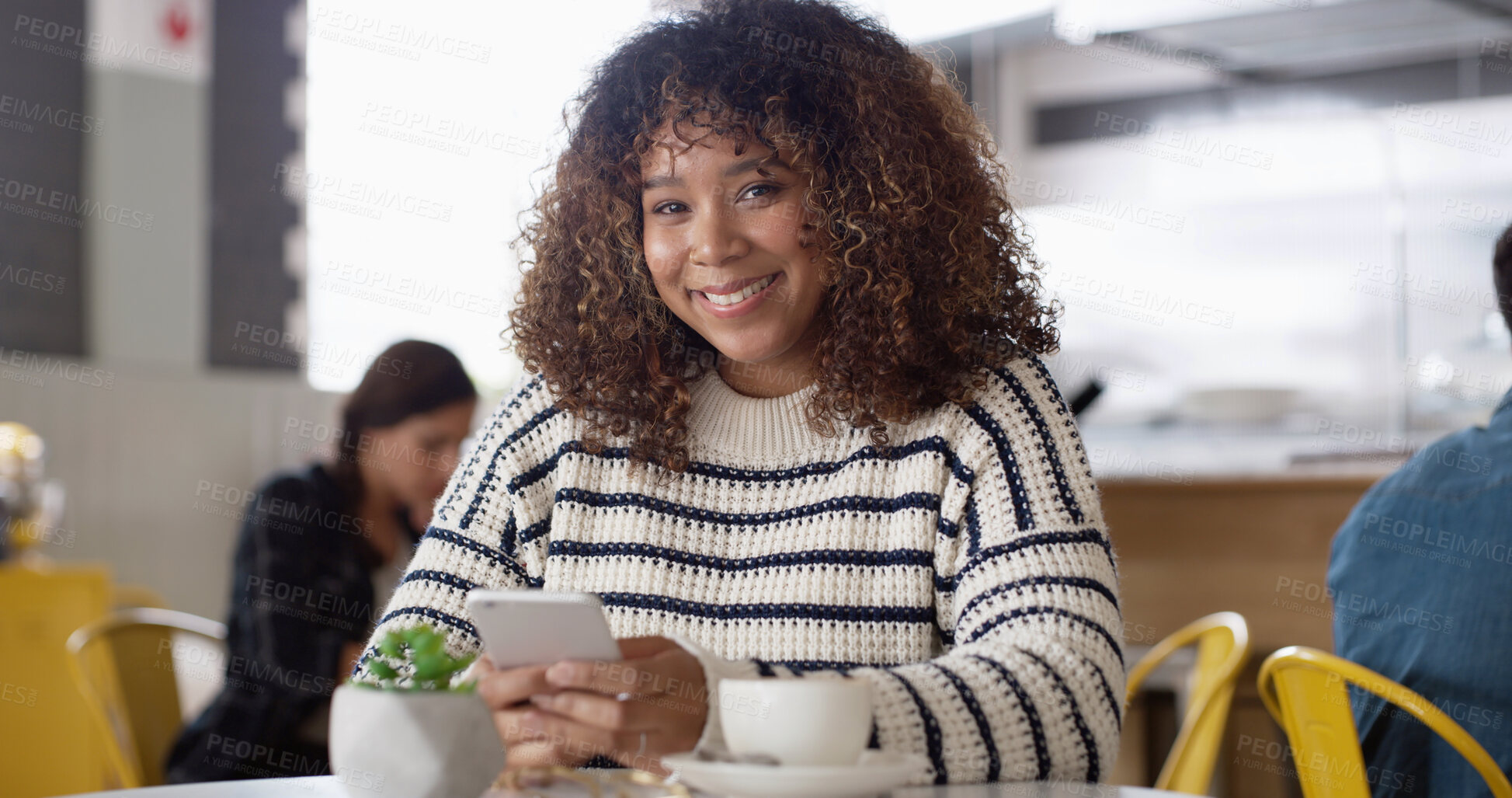 Buy stock photo Phone, coffee and portrait of woman in cafe reading online blog for hospitality review. Happy, cellphone and female influencer with cappuccino for content creation for restaurant recommendation.
