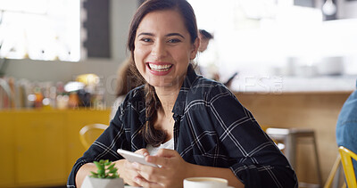 Buy stock photo Coffee shop, happy and portrait of woman with phone for social media, networking and online contact. Restaurant, cafe and person on cellphone with latte, beverage and cappuccino for customer service