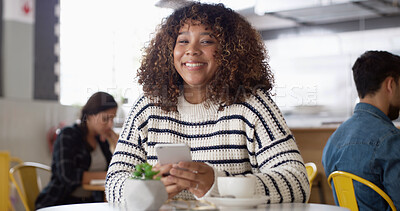 Buy stock photo Phone, coffee and portrait of woman in restaurant for online blog for hospitality review with laugh. Happy, cellphone or female influencer with cappuccino for content creation for cafe recommendation