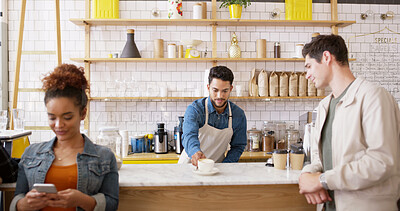 Buy stock photo Man, waiter and serving coffee at cafe for customer service, espresso drink and order collection. Male barista, client and giving beverage for breakfast catering, server help and hospitality industry