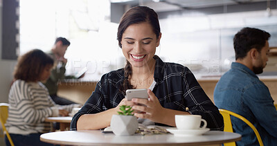 Buy stock photo Smile, internet and woman in restaurant, smartphone and typing with social media, herbal tea and relax. Person, connection and girl in cafe, coffee or cellphone with digital app or message to contact