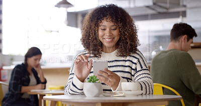 Buy stock photo Cellphone, happy and woman with coffee in cafe reading online blog for hospitality review. Smile, phone and female influencer with cappuccino for content creation for restaurant recommendation.