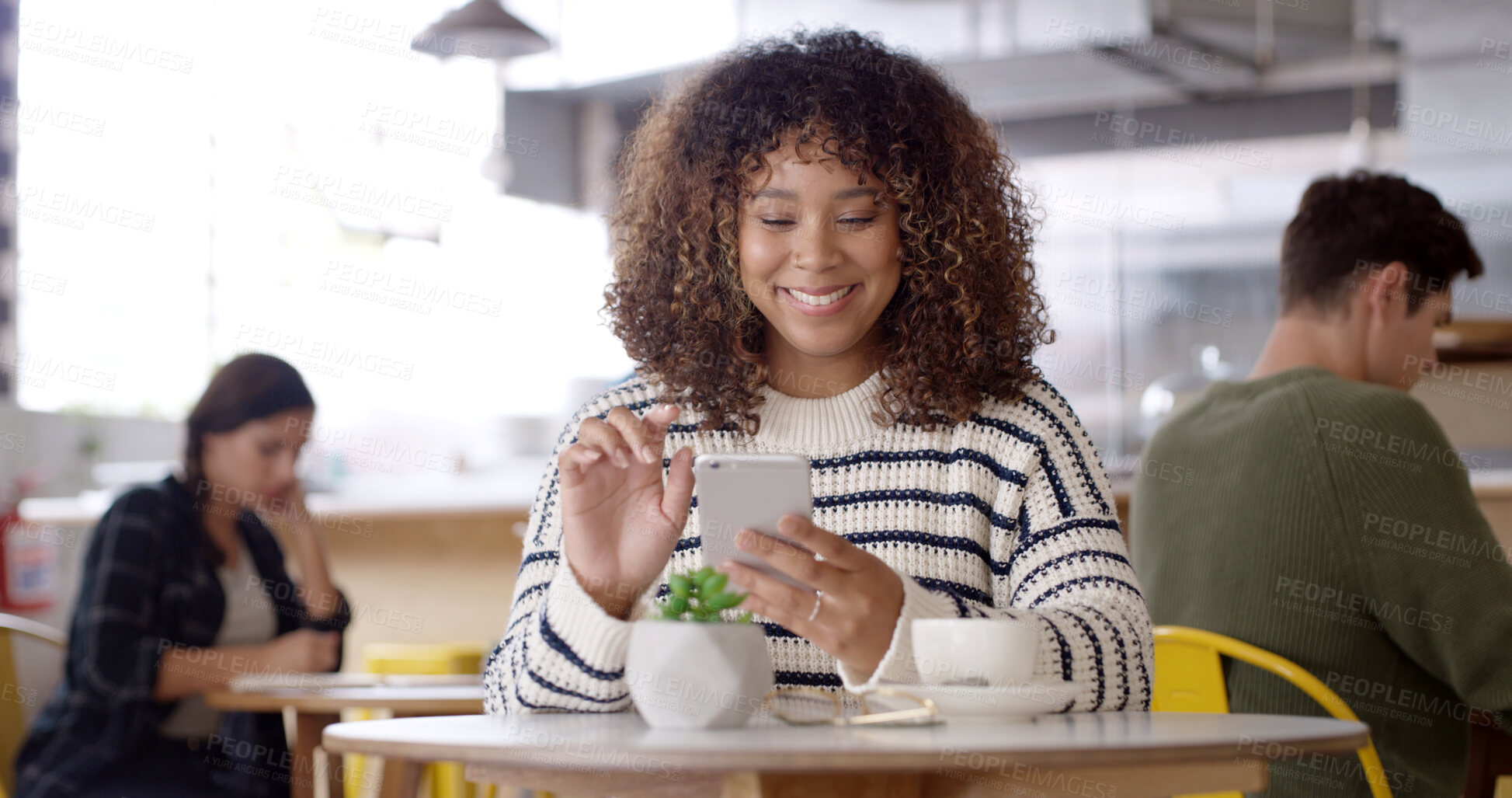 Buy stock photo Cellphone, happy and woman with coffee in cafe reading online blog for hospitality review. Smile, phone and female influencer with cappuccino for content creation for restaurant recommendation.