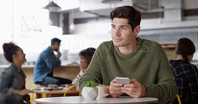 Buy stock photo Cellphone, coffee and man in cafe reading online blog for hospitality review in morning. Networking, phone and male influencer with cappuccino for content creation for restaurant recommendation.