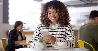 Buy stock photo Phone, typing and woman in coffee shop reading online blog for hospitality review. Happy, cellphone and female influencer with cappuccino for content creation for restaurant or cafe recommendation.