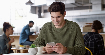 Buy stock photo Phone, typing and man in coffee shop reading online blog for hospitality review in morning. Network, cellphone and influencer with cappuccino for content creation for cafe restaurant recommendation.