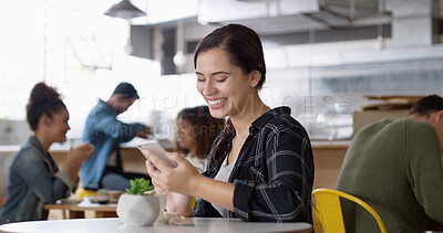 Buy stock photo Phone, coffee and woman in restaurant reading online blog for hospitality review in morning. Happy, cellphone and female influencer with cappuccino for content creation for cafe recommendation.