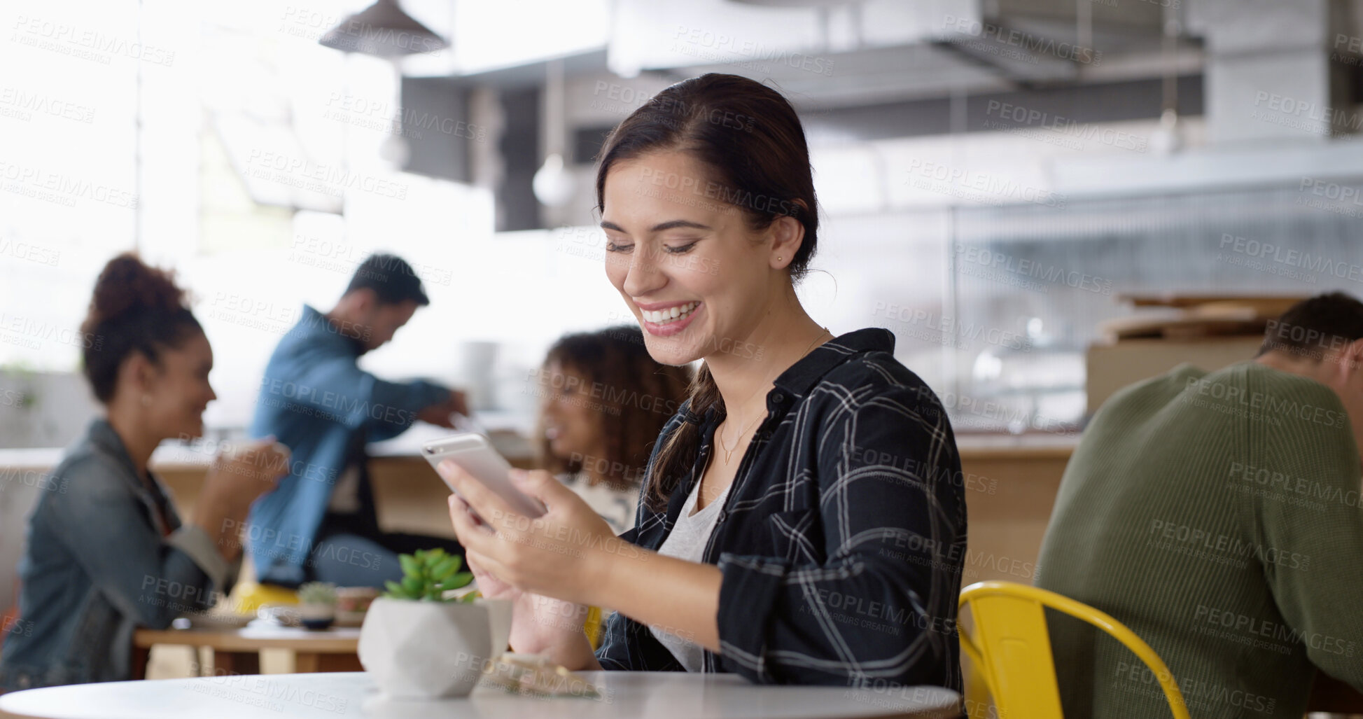 Buy stock photo Phone, coffee and woman in restaurant reading online blog for hospitality review in morning. Happy, cellphone and female influencer with cappuccino for content creation for cafe recommendation.