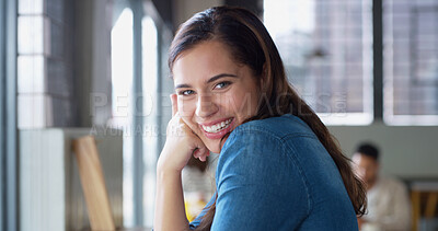 Buy stock photo Portrait, relax and smile with woman in restaurant for break, hospitality or service as customer. Happy, morning and weekend with person waiting in coffee shop or small business cafe for wellness